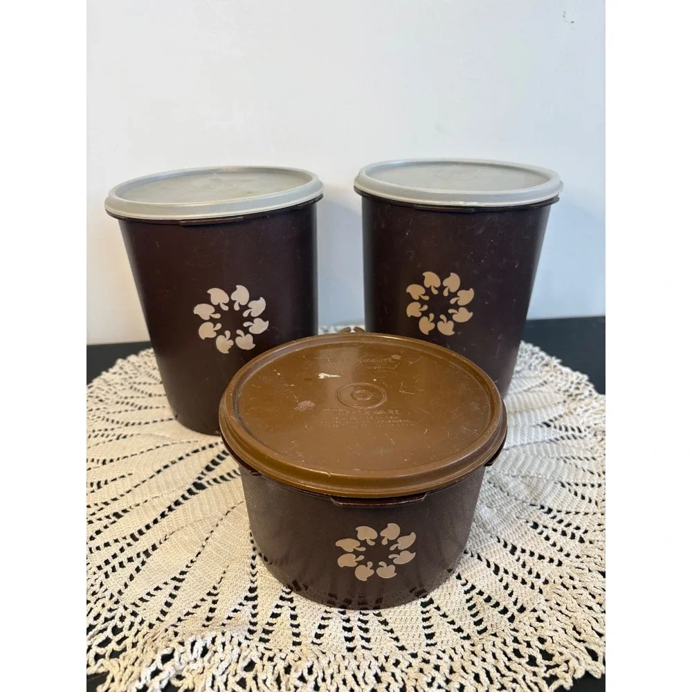 Vintage Tupperware Servalier Canister Set Brown Floral 809-13 809-14 1298-11 3pc